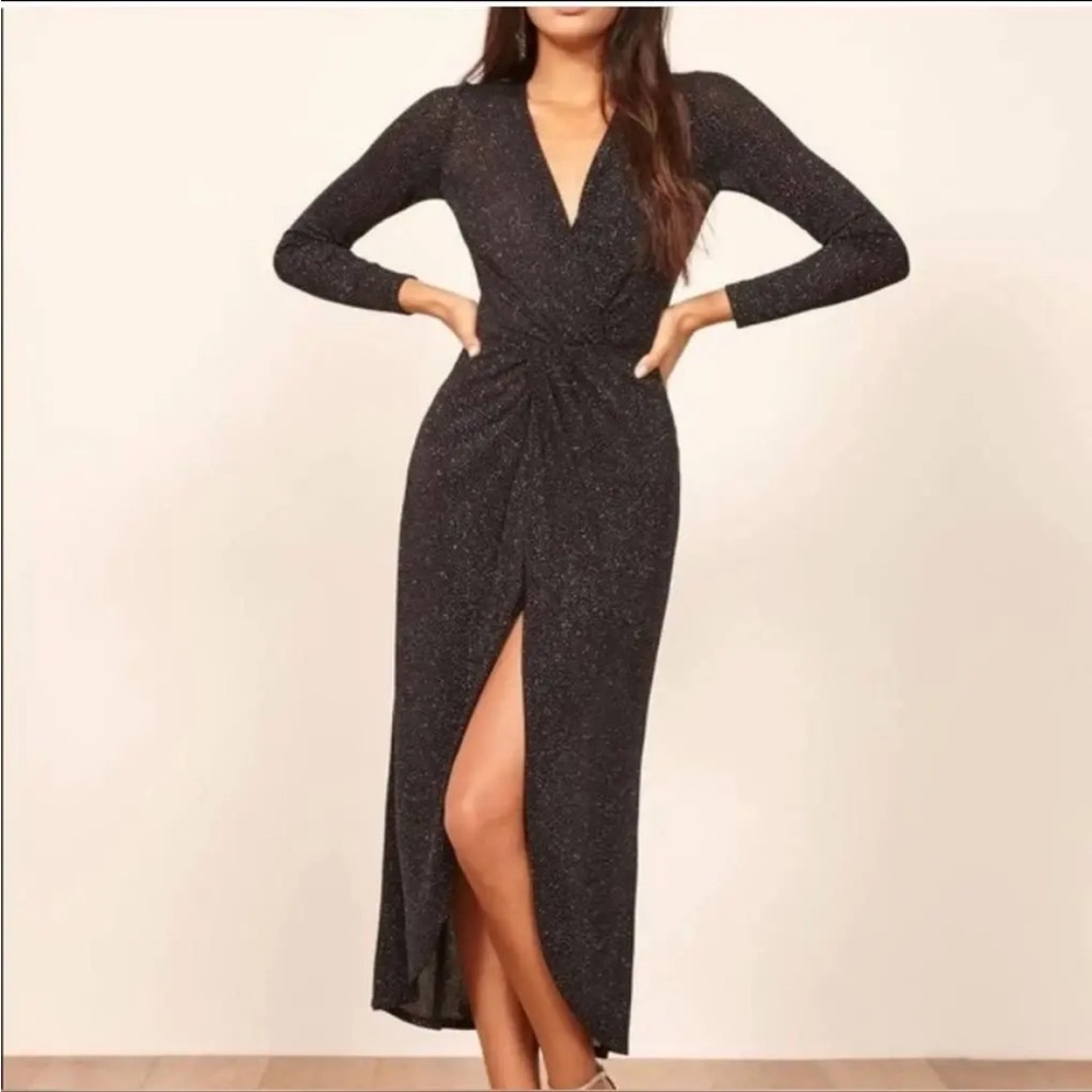 Reformation Elegant Black Sparkly Long Sleeve Deep V-Neck Dress